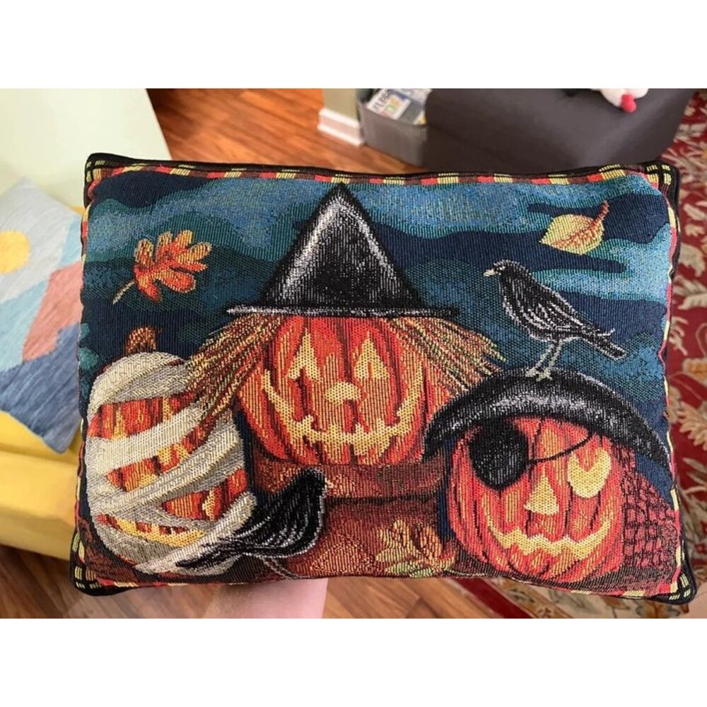 Halloween tapestry style throw pillow pumpkins and Jack lanterns